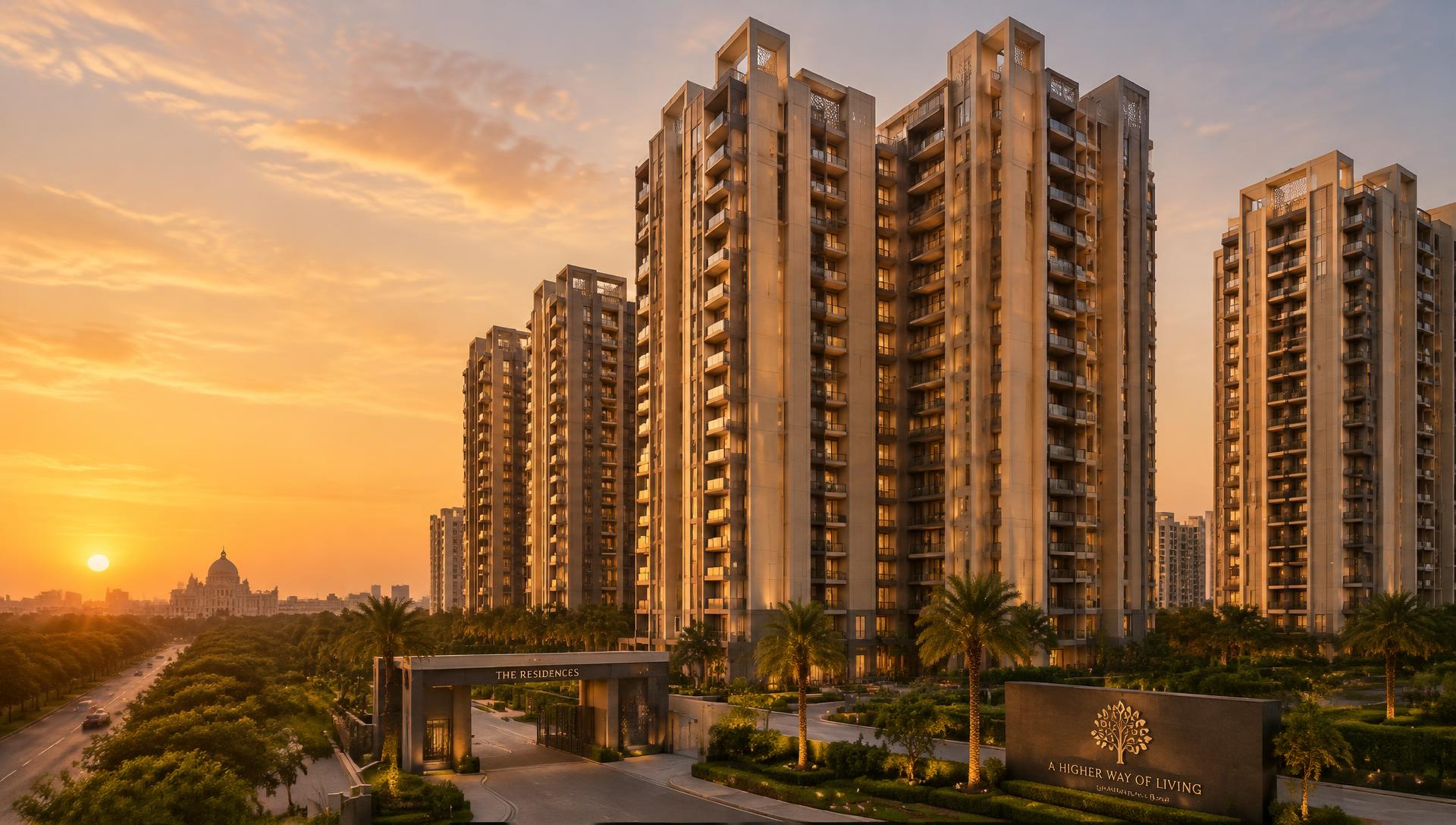 Premium residential towers in Lucknow at golden hour